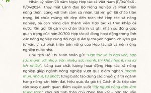THƯ CHÚC MỪNG của Bộ trưởng Bộ Nông nghiệp và Phát triển nông thôn Nhân kỷ niệm 78 năm Ngày Hợp tác xã Việt Nam (11/4/1946 - 11/4/2024) THƯ CHÚC MỪNG của Bộ trưởng Bộ Nông nghiệp và Phát triển nông thôn Nhân kỷ niệm 78 năm Ngày Hợp tác xã Việt Nam (11/4/1946 - 11/4/2024)