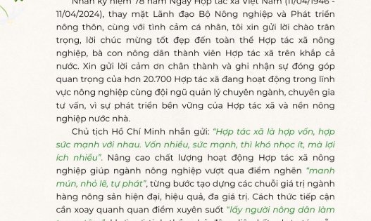 THƯ CHÚC MỪNG của Bộ trưởng Bộ Nông nghiệp và Phát triển nông thôn Nhân kỷ niệm 78 năm Ngày Hợp tác xã Việt Nam (11/4/1946 - 11/4/2024)